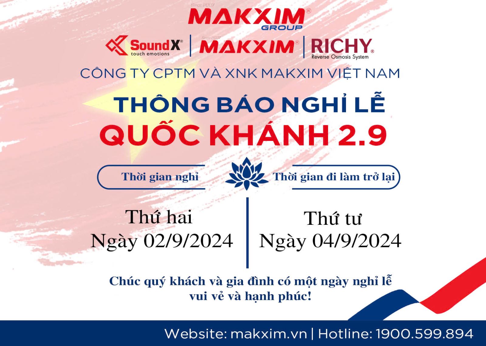 THÔNG BÁO LỊCH NGHỈ LỄ QUỐC KHÁNH 2/9